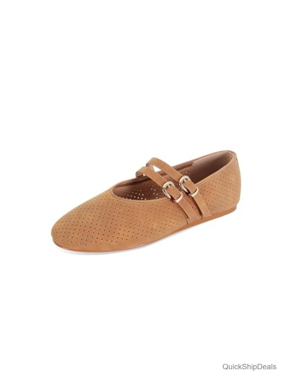 Suede Mary Jane Flats Perforated Round Toe Double Buckle Ballet Comfort